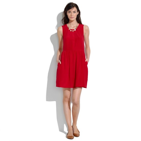 Madewell Red Shirred Silk Dress - Picture 1 of 7